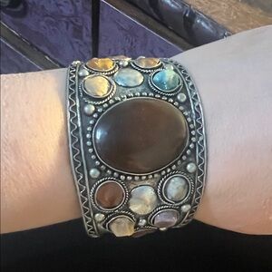 Silver-tone Multistone Cuff Bracelet with Brown Center Stone